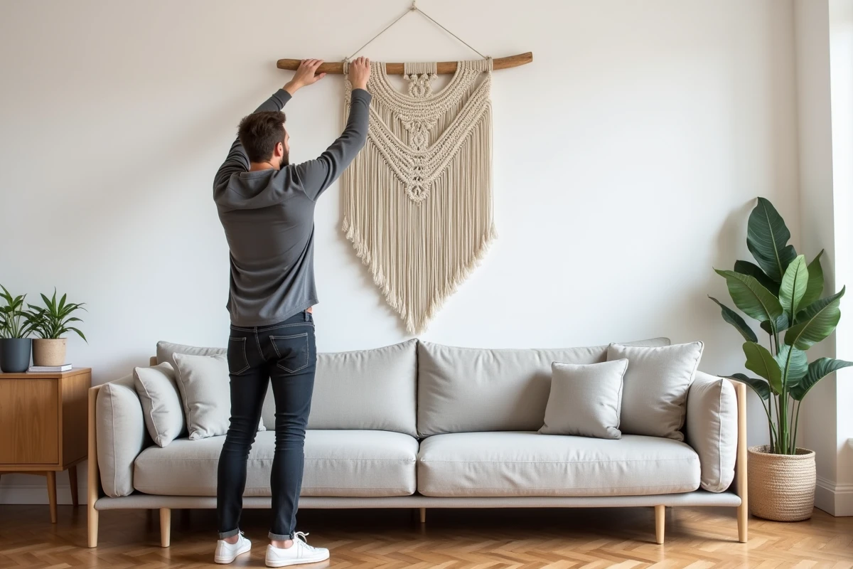 Homme installant un macramé fait main au-dessus d'un canapé dans un salon de style scandinave minimaliste
