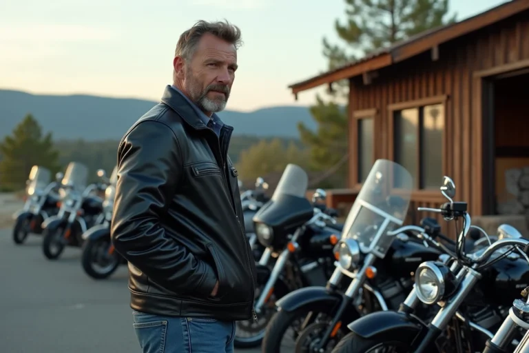 Homme d'âge moyen inspectant des motos Harley Davidson en extérieur