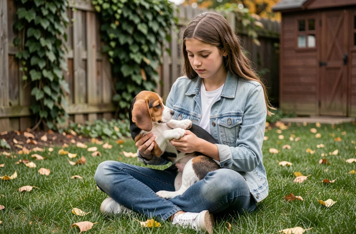 Adolescente qui examine la patte de son chiot beagle dans un jardin, vérification de la santé des animaux de compagnie
