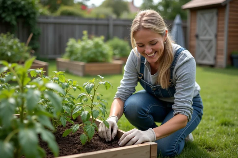 Femme d'âge moyen transplantant des jeunes tomates dans le jardin