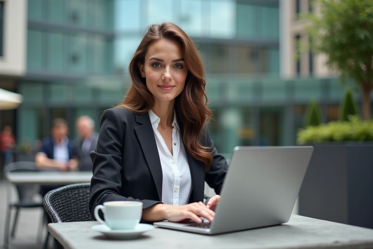 Jeune femme entrepreneure travaillant sur son ordinateur portable en terrasse