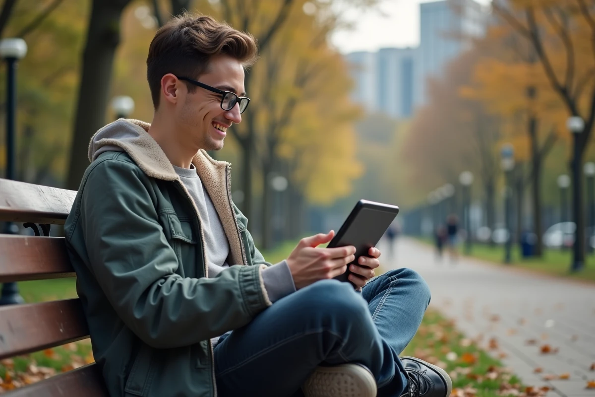 Jeune homme assis sur un banc dans un parc avec une tablette