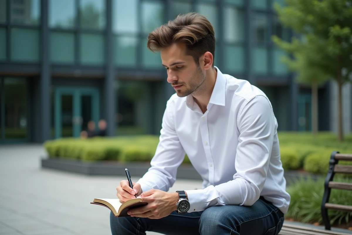 Jeune professionnel prenant des notes dans une cour intérieure urbaine, reflétant la planification personnelle et le développement de carrière au quotidien