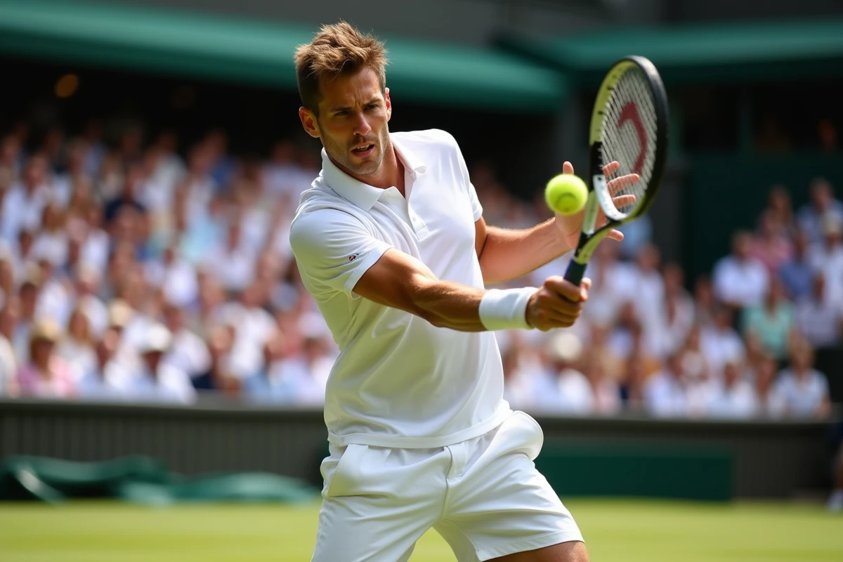 Joueur de tennis professionnel en pleine action sur le gazon de Wimbledon lors d'un grand tournoi à forte dotation financière