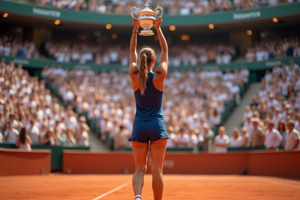 Joueuse de tennis brandissant le trophée de Roland Garros lors de la cérémonie de remise des prix d'un tournoi du Grand Chelem