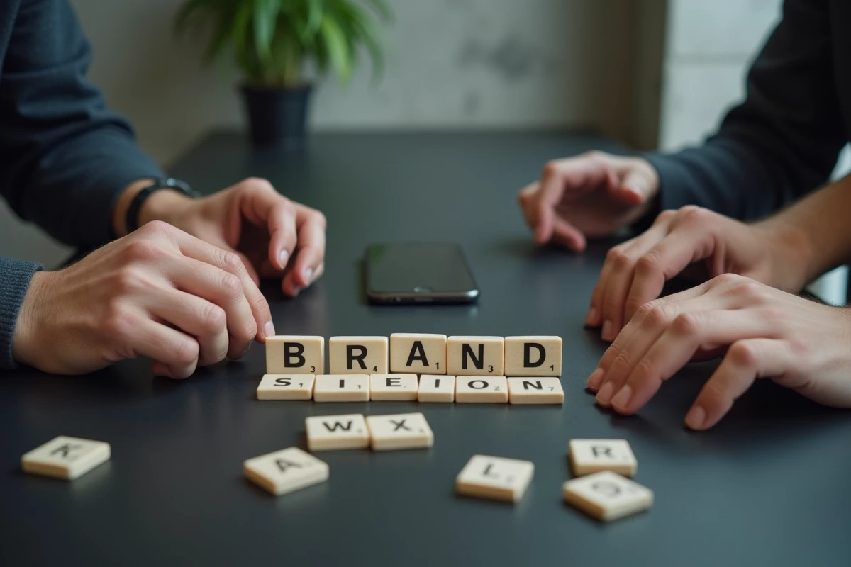 Mains de créateurs posant des lettres pour former un nouveau nom de marque sur une surface noire, symbolisant le rebranding de Zakmav et Kanrak
