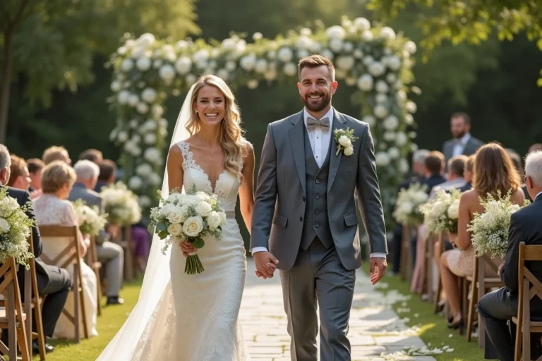 Jeune couple de mariés dans un jardin fleuri lors d'un mariage