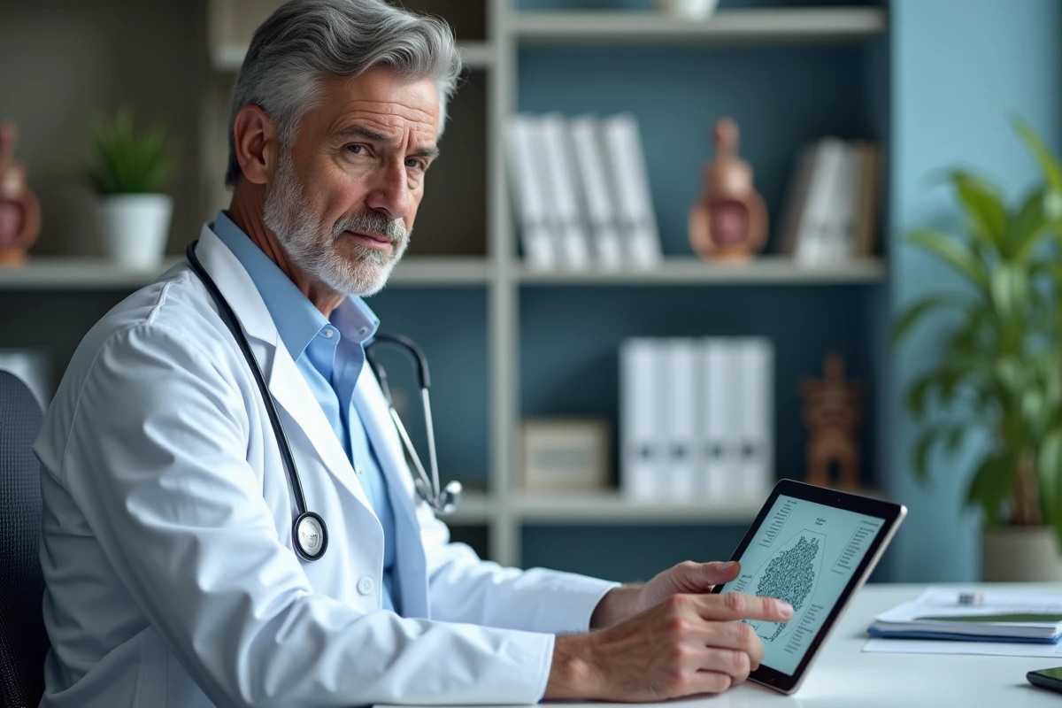 Médecin gastro-entérologue consultant un schéma de microbiome intestinal sur tablette dans un cabinet médical