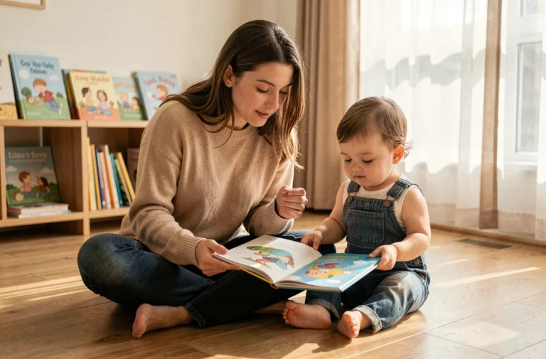 Mère et enfant en bas âge lisant un livre illustré ensemble sur le plancher d'un salon chaleureux, scène d'éveil éducatif