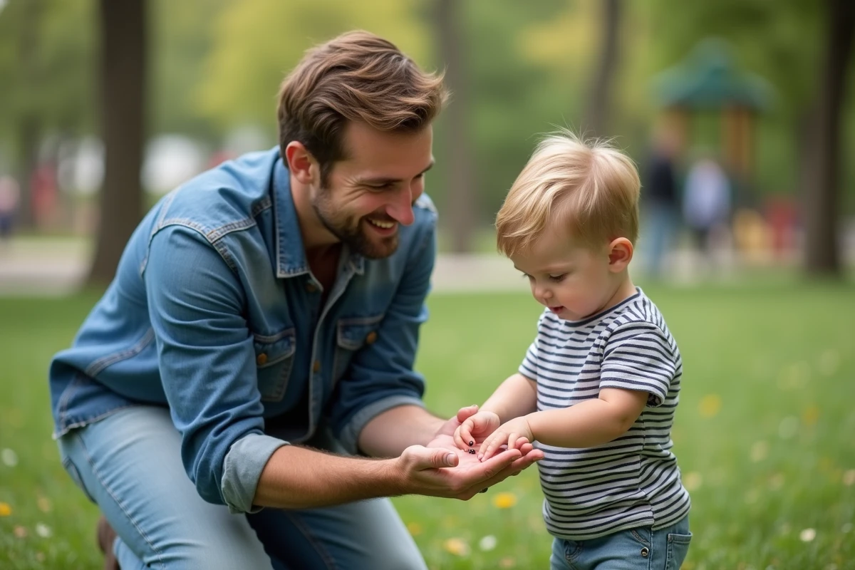 Père et fils regardent une coccinelle dans un parc