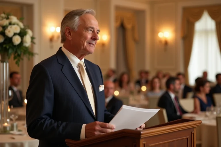 Père de marié ému prononçant son discours au pupitre lors de la réception de mariage de son fils