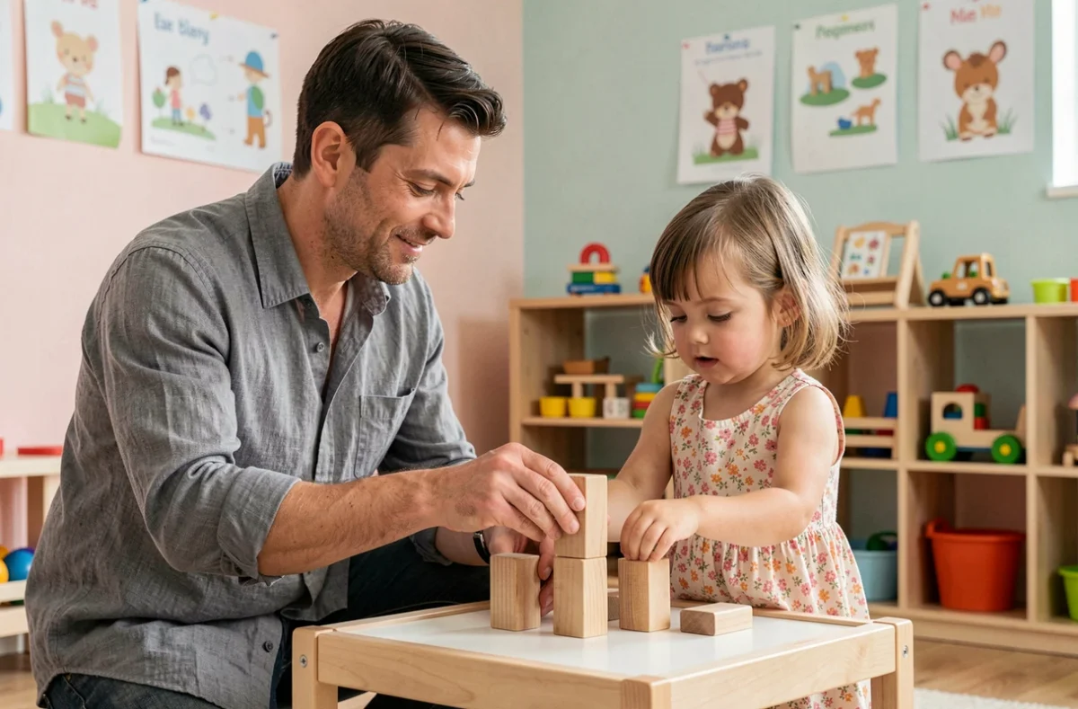 Père aidant sa fille à construire des blocs en bois dans un espace de jeu éducatif à la maison, développement cognitif de l'enfant
