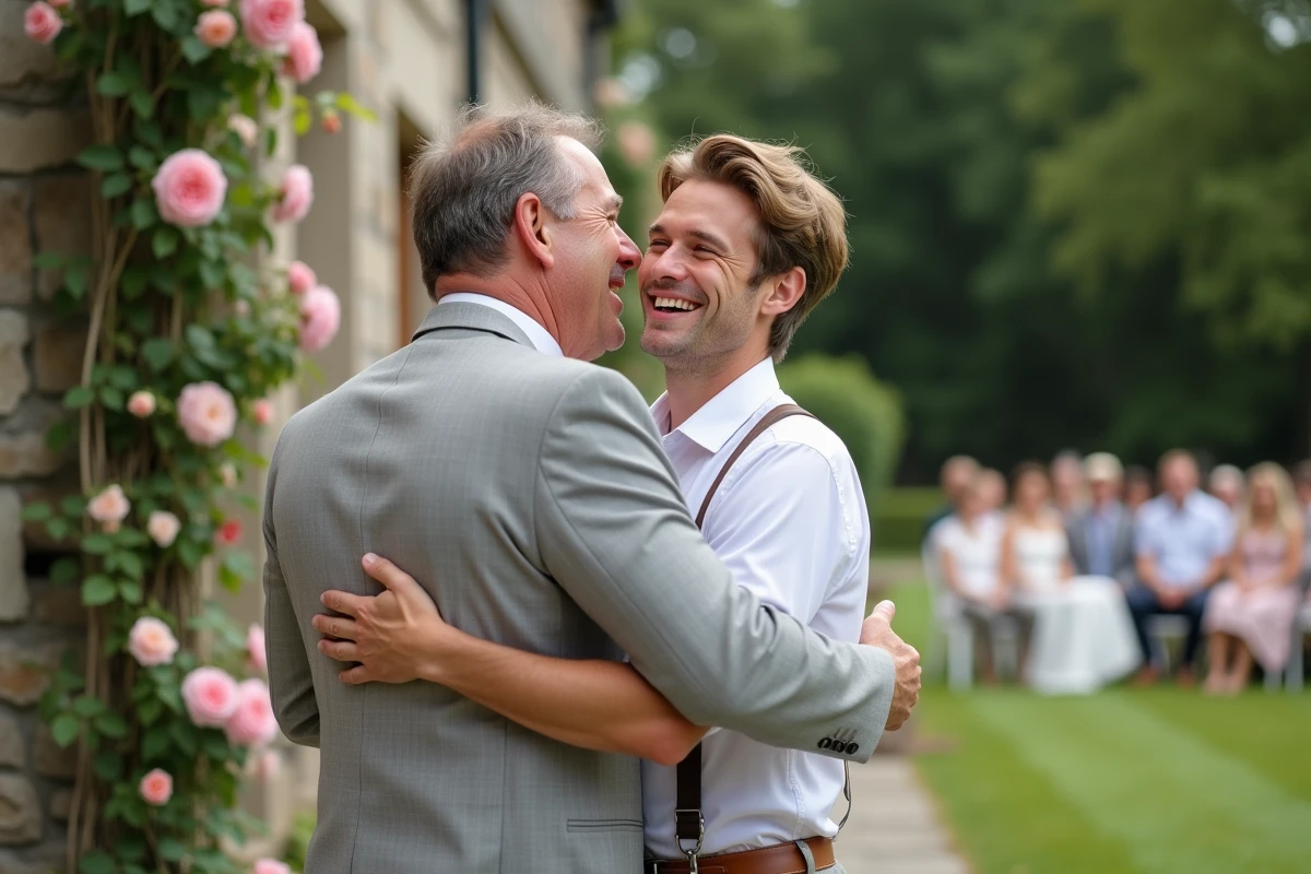 Père et fils s'embrassant avec émotion après le discours de mariage lors d'une réception en plein air