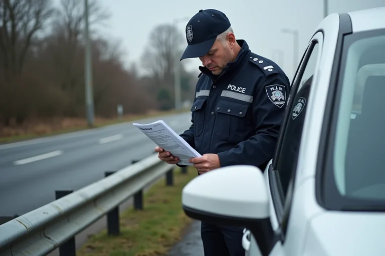 Policier français contrôlant le certificat de contrôle technique d'un automobiliste lors d'un contrôle routier