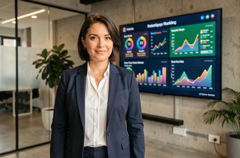 Professionnelle du marketing analysant des tableaux de bord numériques et des tendances sur un grand écran dans un bureau moderne