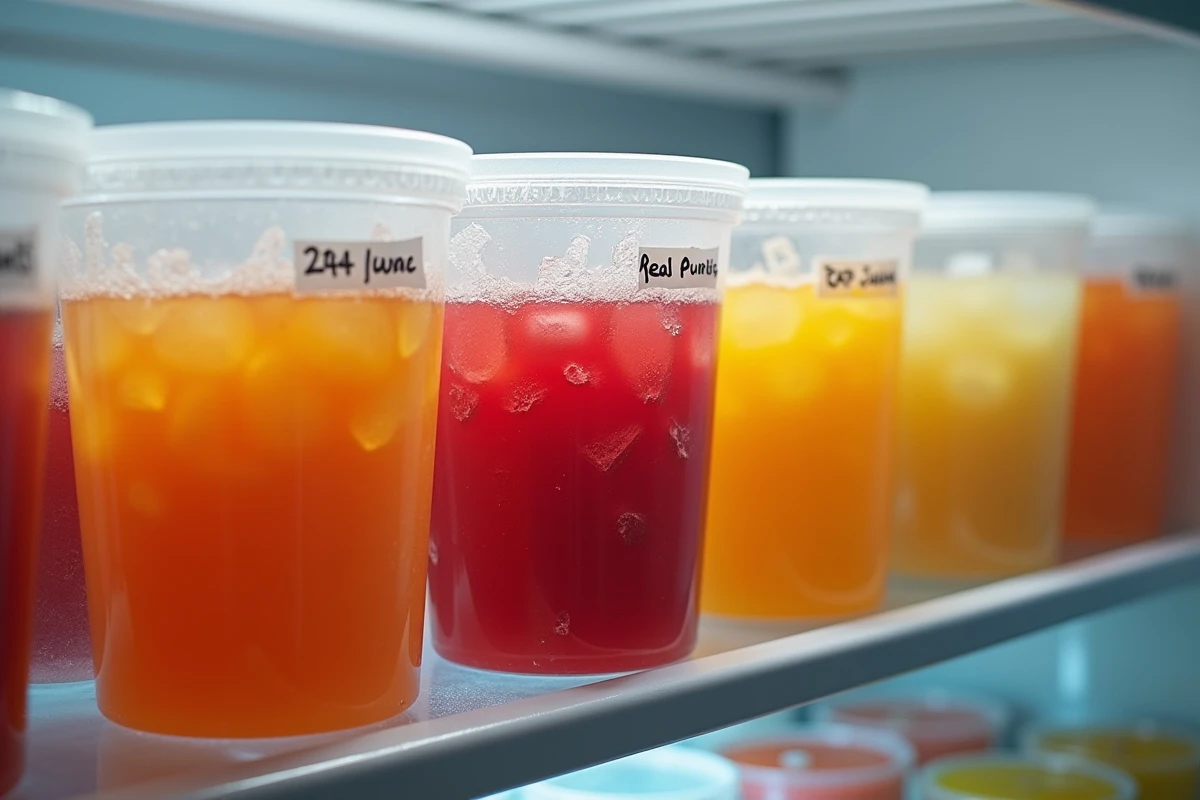 Contenants de punch coloré congelés avec étiquettes de dates dans un congélateur domestique