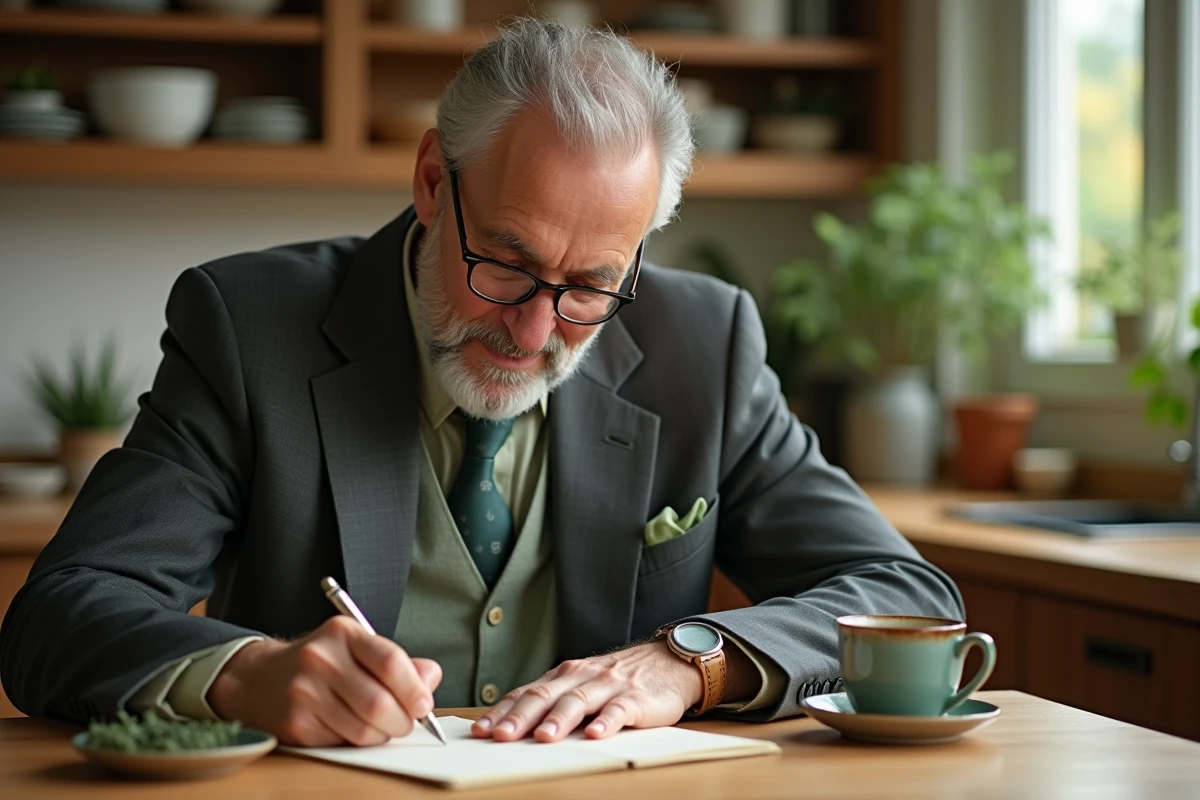 Père concentré en train d'écrire son discours de mariage pour son fils à la table de cuisine