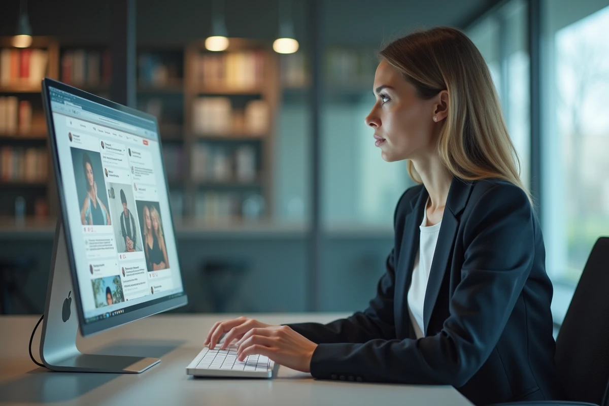 Responsable des réseaux sociaux analysant des publications de célébrités sportives sur un écran dans un bureau moderne
