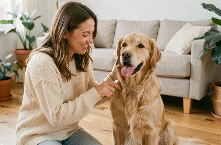Femme qui brosse son golden retriever dans un salon chaleureux, soin quotidien des animaux de compagnie