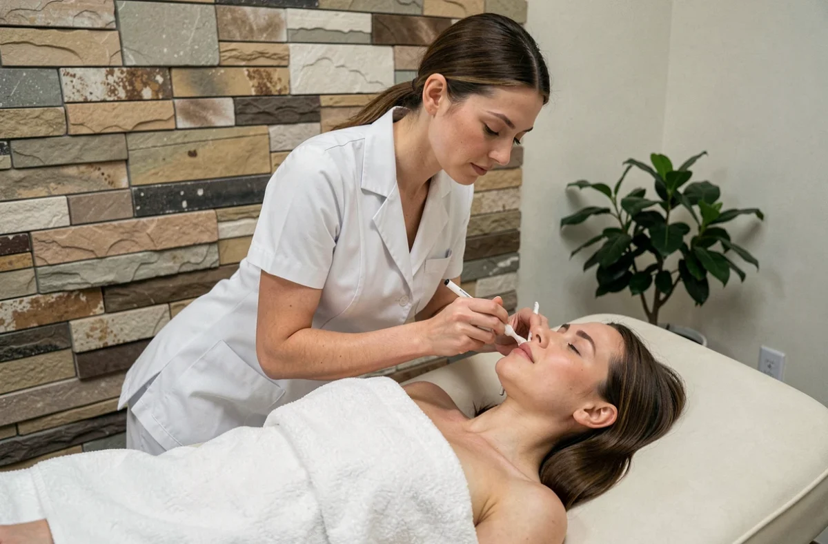 Esthéticienne professionnelle réalisant un soin du visage sur une cliente dans un institut de beauté apaisant