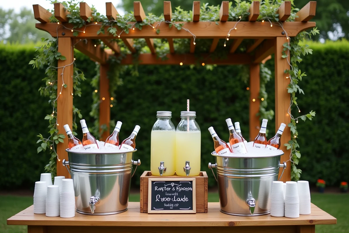 Station de boissons organisée pour une fête en plein air avec bouteilles, seaux à glace et guide de quantités pour 100 personnes