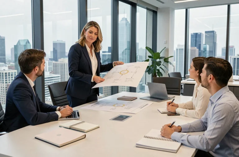 Directrice marketing présentant une stratégie B2B à son équipe dans une salle de réunion moderne avec vue sur la ville