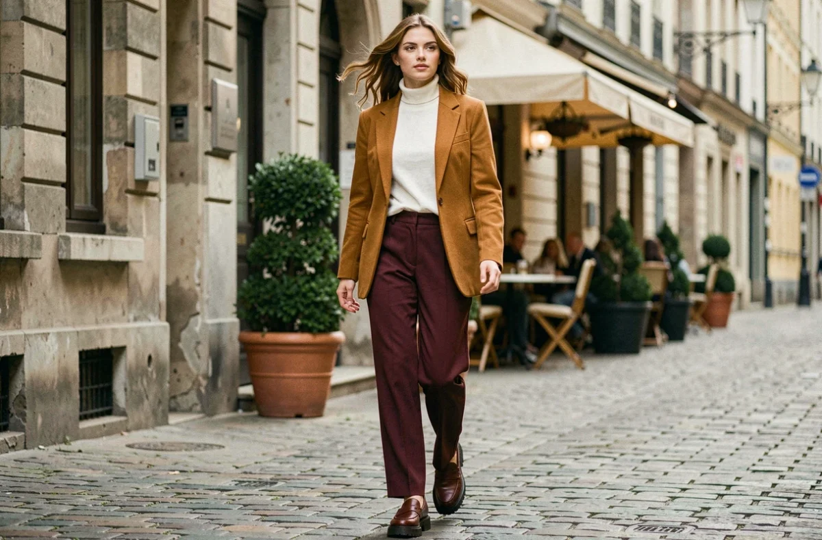 Femme élégante portant un blazer ocre et un pantalon bordeaux large, marchant avec assurance dans une rue pavée européenne, style mode audacieux saison automne