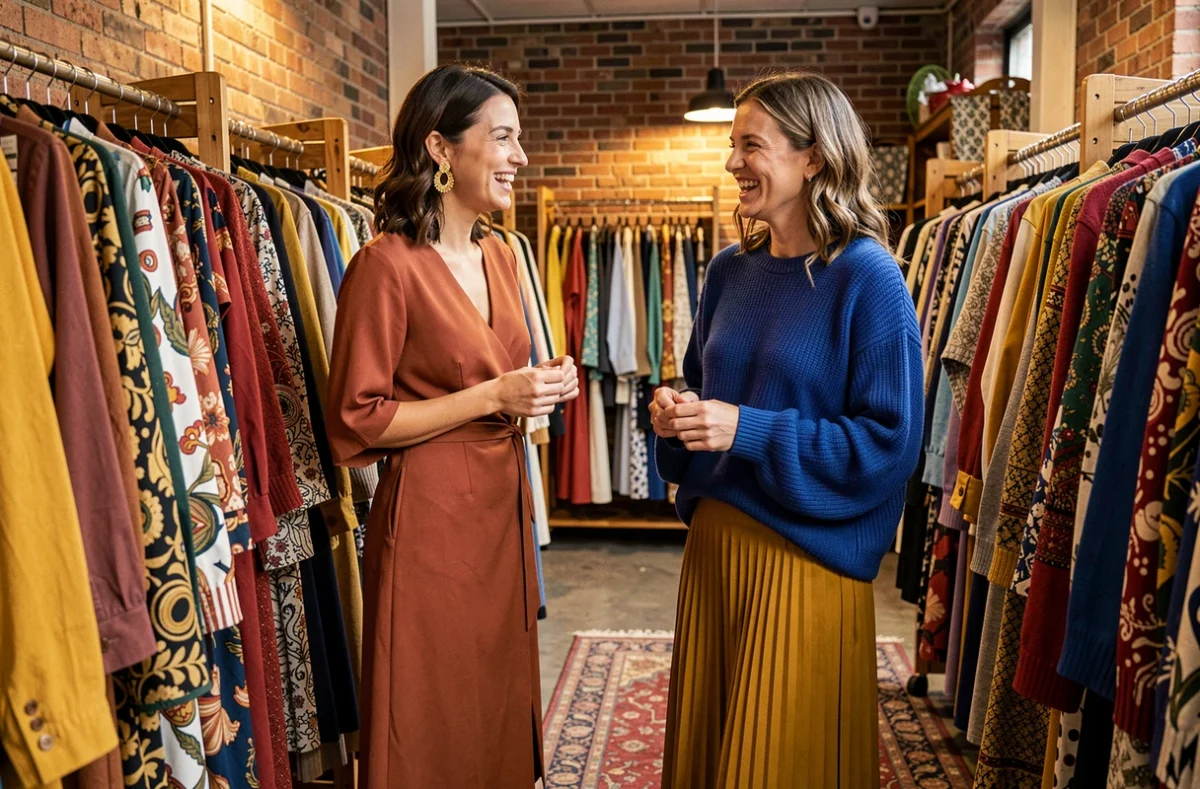 Deux femmes stylées explorant un marché vintage, portant des tenues colorées audacieuses en robe wrap rouille et pull oversize bleu cobalt, inspiration mode tendances saisonnières