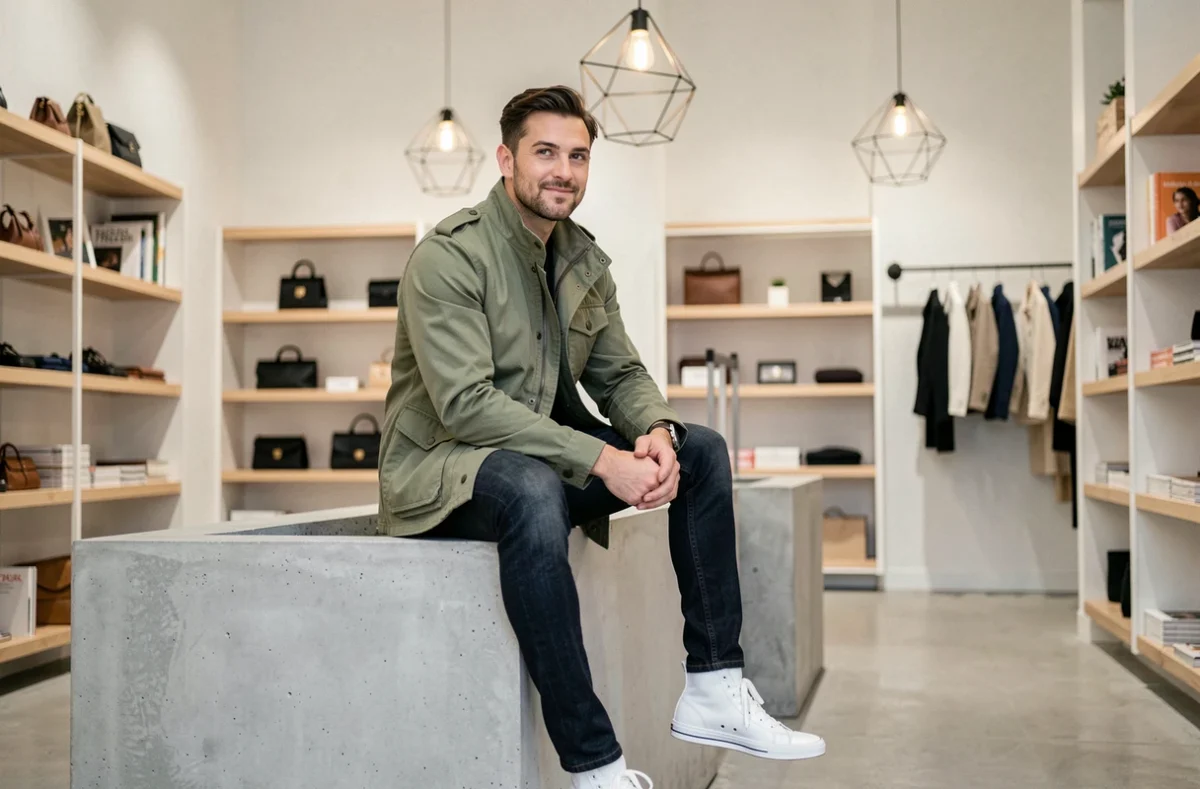Homme en veste utilitaire vert sauge et jean slim assis dans un concept store moderne, illustrant les tendances mode masculine de la saison