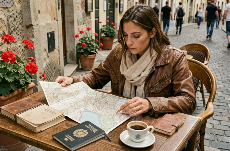 Une voyageuse consulte une carte papier dans un café de rue européen entourée de carnets de voyage et d'un passeport